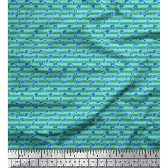 Soimoi Green Viscose Chiffon Fabric Stripes & Whale Fish Ocean Printed Fabric 1 Yard 42 Inch Wide