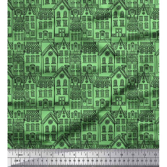 Soimoi Green polyester Crepe Fabric Architectural Structure Architectural Print Fabric by the Yard 42 Inch Wide