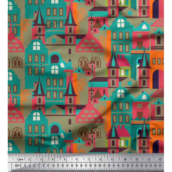 Soimoi Green polyester Crepe Fabric Architectural Structure Architectural Print Sewing Fabric Yard 42 Inch Wide