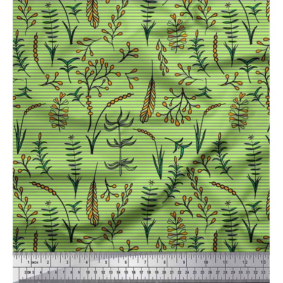 Soimoi Green polyester Crepe Fabric Artistic Leaves Stripe Print Fabric by Yard 42 Inch Wide