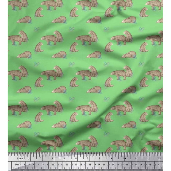 Soimoi Green polyester Crepe Fabric Bear Animal Print Fabric by the Yard 52 Inch Wide