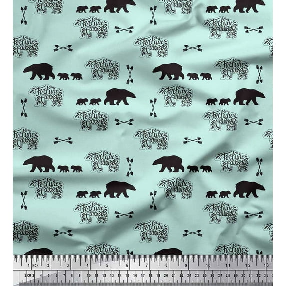Soimoi Green polyester Crepe Fabric Bear & Text Fabric Prints By Yard 52 Inch Wide