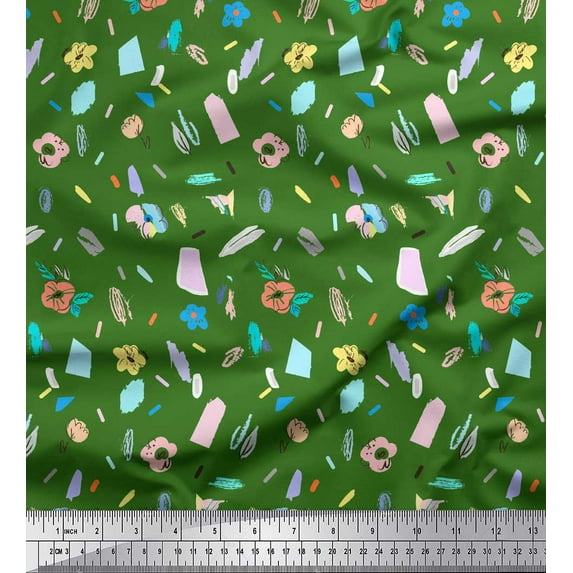 Soimoi Green polyester Crepe Fabric Brush Stroke & Artistic Floral Print Fabric by the Yard 52 Inch Wide