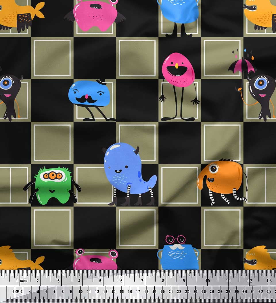 Polyester Graphics Cartoon Soimoi Green polyester Crepe Fabric Check & Monster Cartoon Print ...