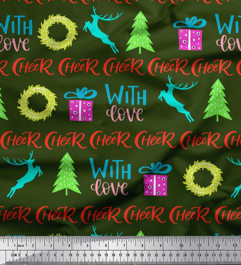 Soimoi Green polyester Crepe Fabric Christmas Tree & Gift Text Print Fabric by Yard 52 Inch Wide