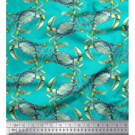 Soimoi Green polyester Crepe Fabric Crabs Ocean Print Sewing Fabric Yard 42 Inch Wide
