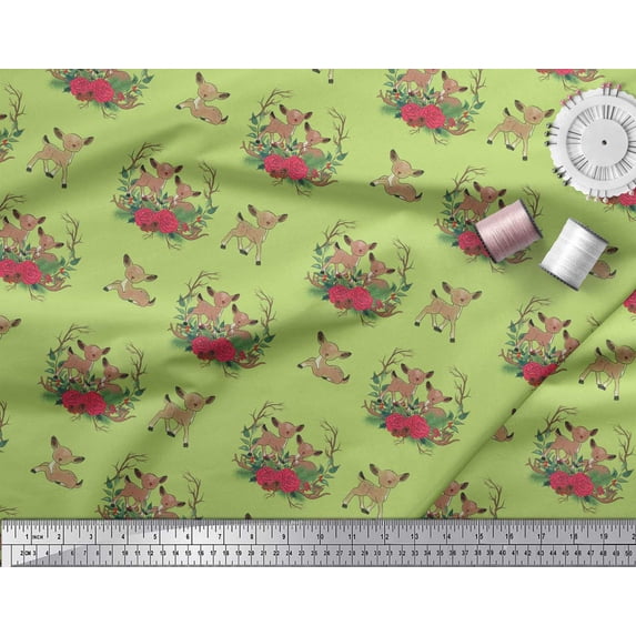 Soimoi Green polyester Crepe Fabric Deer Animal Print Fabric by the Yard 42 Inch Wide