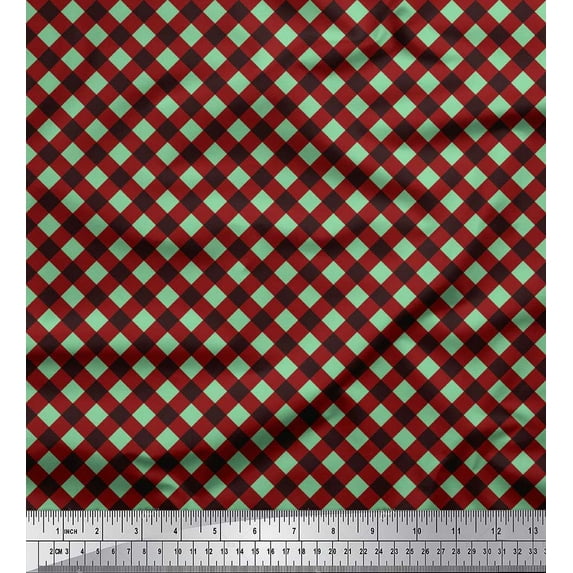 Soimoi Green polyester Crepe Fabric Diagonal Check Print Fabric by the Yard 52 Inch Wide