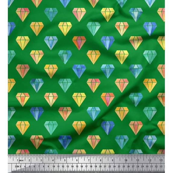 Soimoi Green polyester Crepe Fabric Diamond Geometric Print Fabric by the Yard 52 Inch Wide