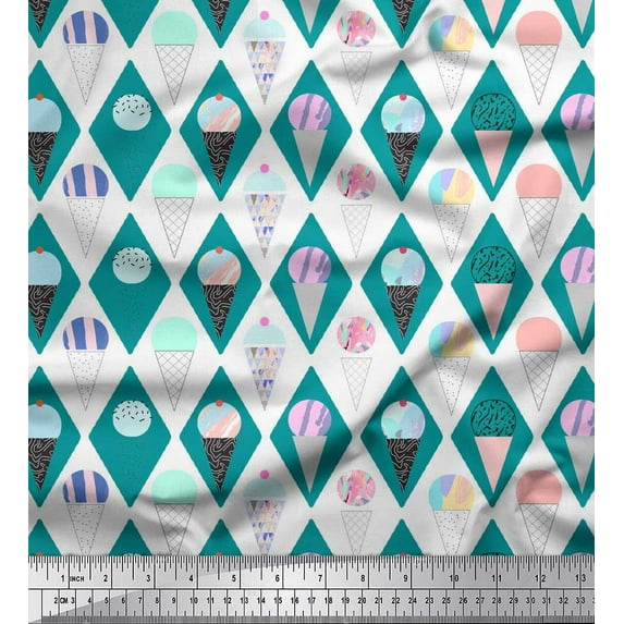 Soimoi Green polyester Crepe Fabric Diamond & Ice Cream Cone Food Printed Craft Fabric by the Yard 42 Inch Wide