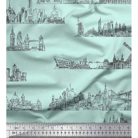 Soimoi Green polyester Crepe Fabric Different City Monuments Architectural Printed Fabric 1 Yard 42 Inch Wide