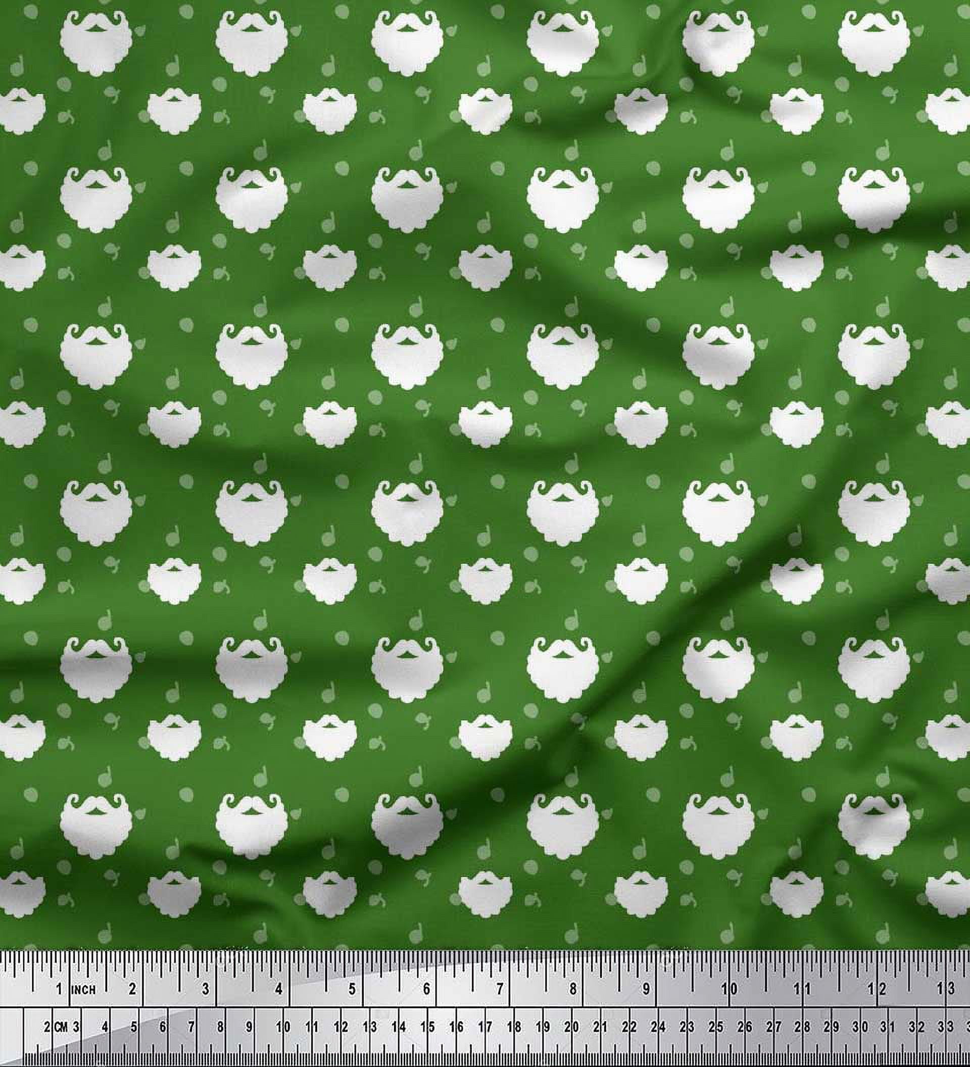 Soimoi Green polyester Crepe Fabric Dot & Santa Moustache Christmas Decor Fabric Printed Yard 52 Inch Wide