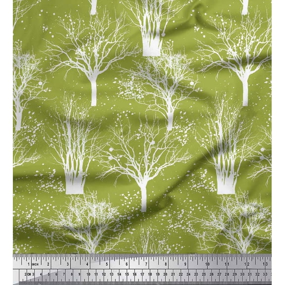 Soimoi Green polyester Crepe Fabric Dry Tree Printed Fabric 1 Yard 42 Inch Wide