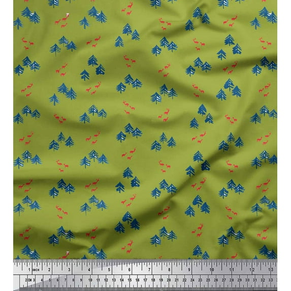 Soimoi Green polyester Crepe Fabric Elk & Deodar Cedar Tree Printed Craft Fabric by the Yard 42 Inch Wide