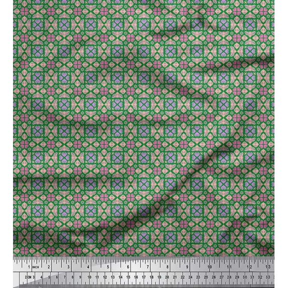 Soimoi Green polyester Crepe Fabric Filigree Damask Print Sewing Fabric Yard 52 Inch Wide