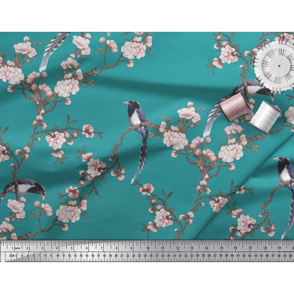 Soimoi Green polyester Crepe Fabric Floral & Paradise Whydah Bird Printed Fabric 1 Yard 42 Inch Wide