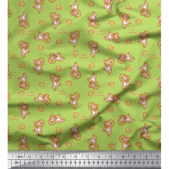 Soimoi Green polyester Crepe Fabric Heart & Cute Monkey Kids Decor Fabric Printed Yard 52 Inch Wide