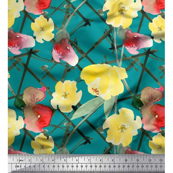 Soimoi Green polyester Crepe Fabric Leaves & Floral Watercolor Decor Fabric Printed BTY 42 Inch Wide