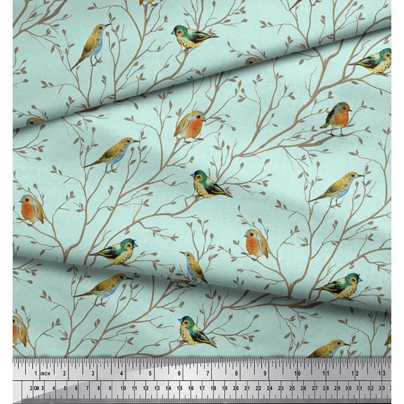 Soimoi Green polyester Crepe Fabric Leaves & Flowerpecker Bird Fabric Prints By Yard 42 Inch Wide