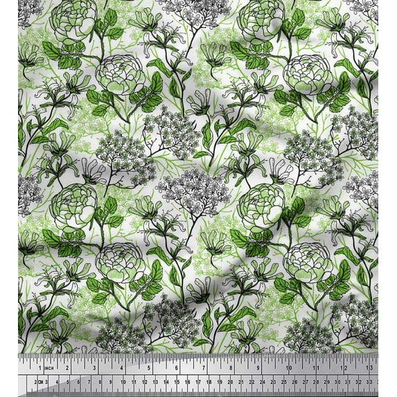 Soimoi Green polyester Crepe Fabric Leaves & Peony Floral Decor Fabric Printed Yard 52 Inch Wide
