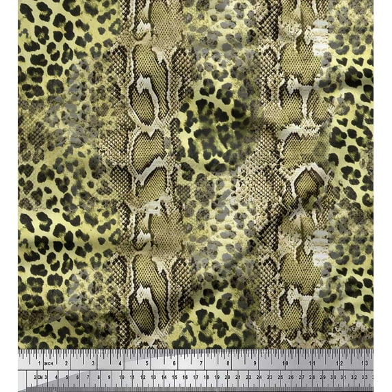 Soimoi Green polyester Crepe Fabric Leopard & Snake Animal Skin Fabric Prints By Yard 42 Inch Wide