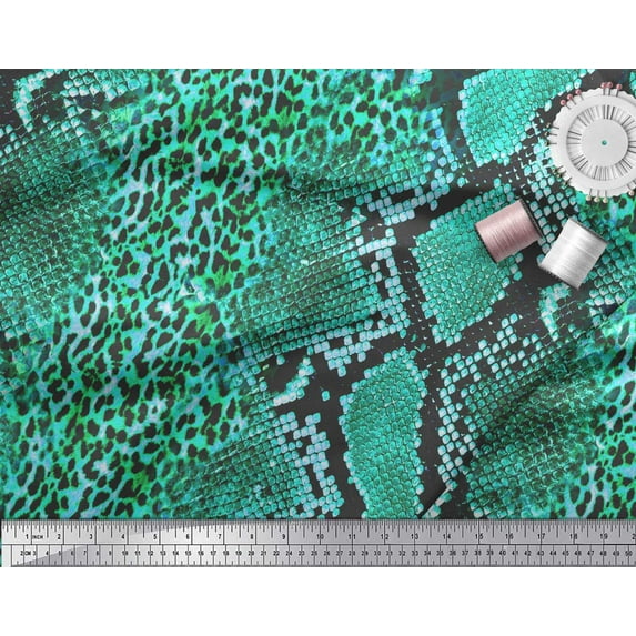 Soimoi Green polyester Crepe Fabric Leopard & Snake Animal Skin Print Fabric by the Yard 42 Inch Wide