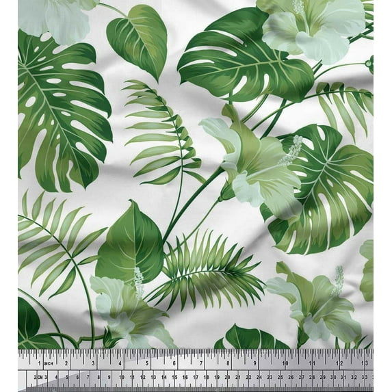 Soimoi Green polyester Crepe Fabric Monstera Leaf & Floral Print Sewing Fabric Yard 42 Inch Wide