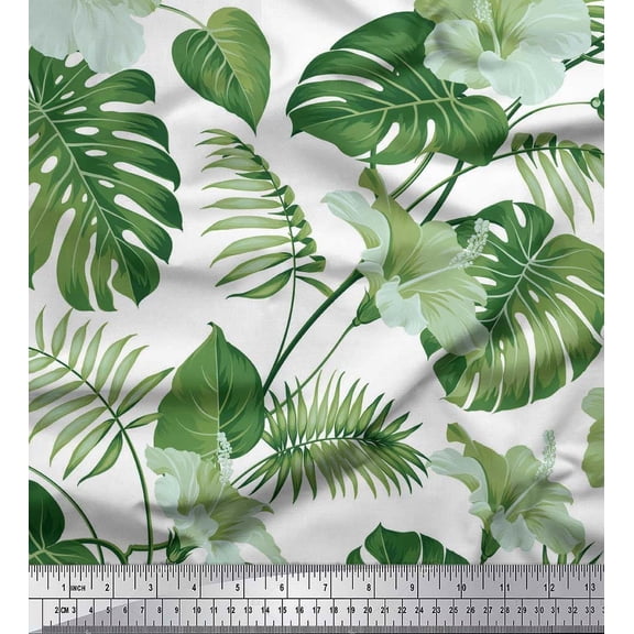 Soimoi Green polyester Crepe Fabric Monstera Leaf & Floral Print Sewing Fabric Yard 42 Inch Wide