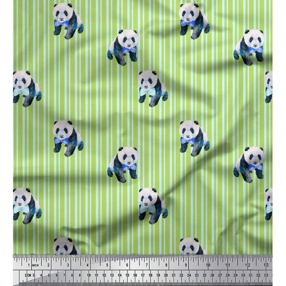 Soimoi Green polyester Crepe Fabric Panda & Stripe Printed Fabric 1 Yard 52 Inch Wide
