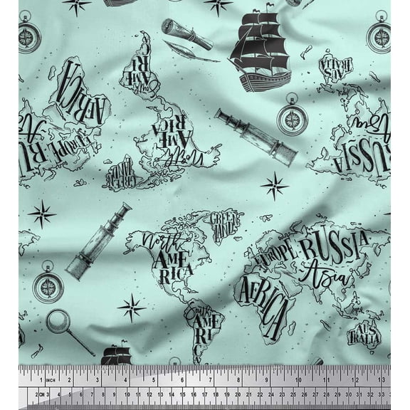 Soimoi Green polyester Crepe Fabric Pirate Ship & Telescope Map Print Fabric by the Yard 42 Inch Wide