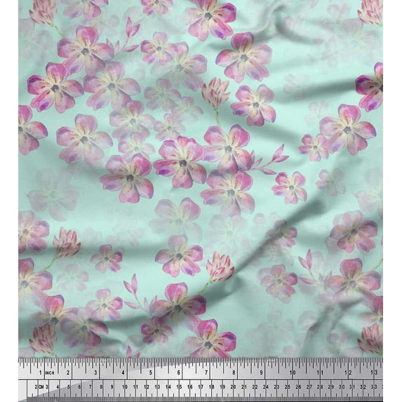 Soimoi Green polyester Crepe Fabric Poppy Anemone Floral Print Fabric by the Yard 52 Inch Wide