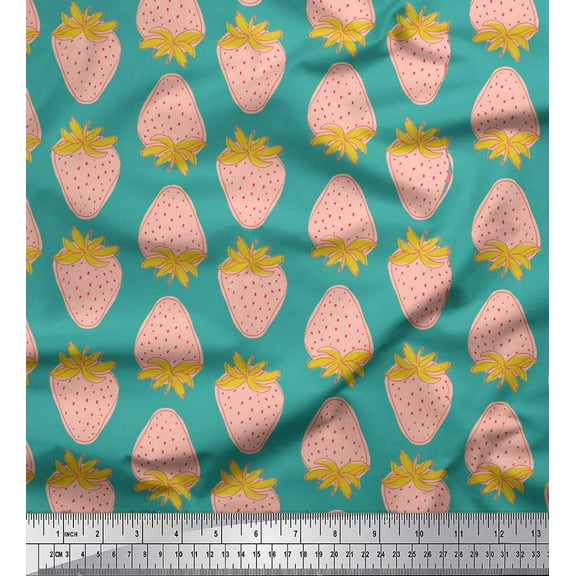 Soimoi Green polyester Crepe Fabric Strawberry Fruits Printed Craft Fabric by the Yard 52 Inch Wide