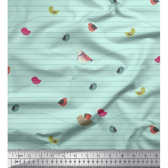 Soimoi Green polyester Crepe Fabric Stripe & Birds Clip Art Print Fabric by Yard 52 Inch Wide