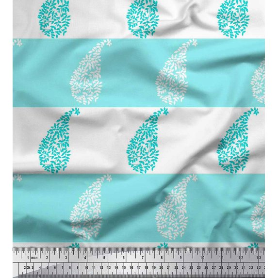 Soimoi Green polyester Crepe Fabric Stripe & Paisley Print Fabric by Yard 42 Inch Wide