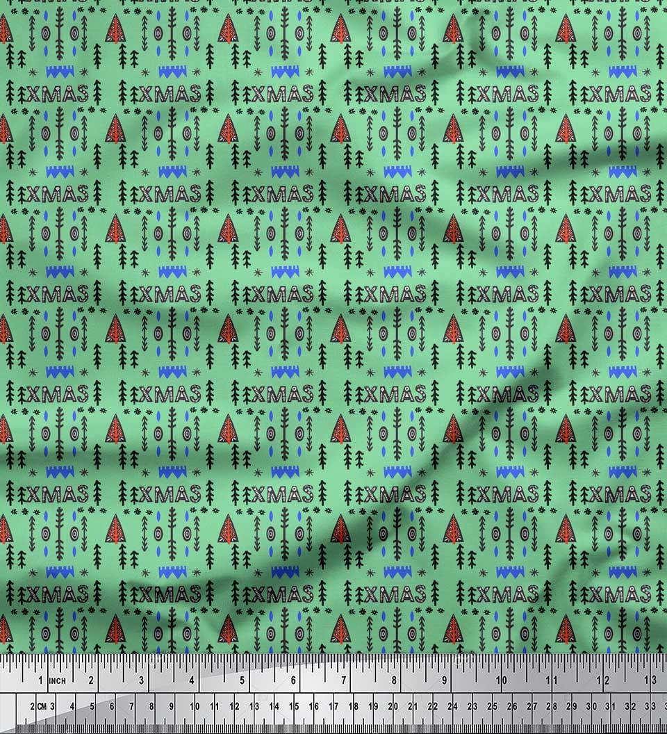 Soimoi Green polyester Crepe Fabric Text & Christmas Tree Folk Art Print Sewing Fabric Yard 42 Inch Wide