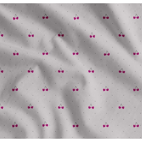 Soimoi Grey Cotton Cambric Fabric Cherry & Dots Print Fabric by the Yard 56 Inch Wide