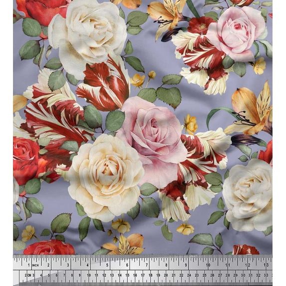 Soimoi Grey Cotton Cambric Fabric Leaves & Rose Floral Print Fabric by Yard 42 Inch Wide