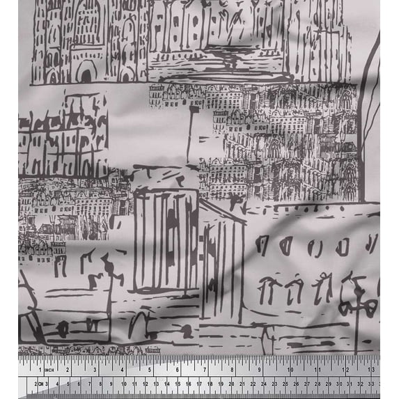 Soimoi Grey Cotton Cambric Fabric London Theme Architectural Print Fabric by the Yard 42 Inch Wide