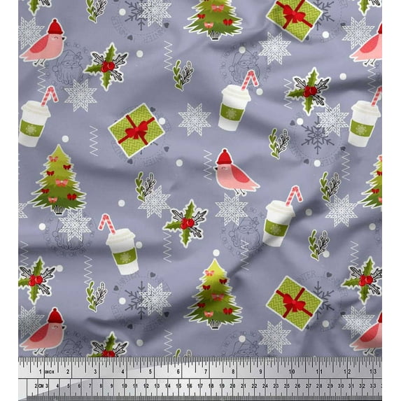 Soimoi Grey Cotton Duck Fabric Coffee Cup,Gift Box & Tree Christmas Print Fabric by the Yard 42 Inch Wide