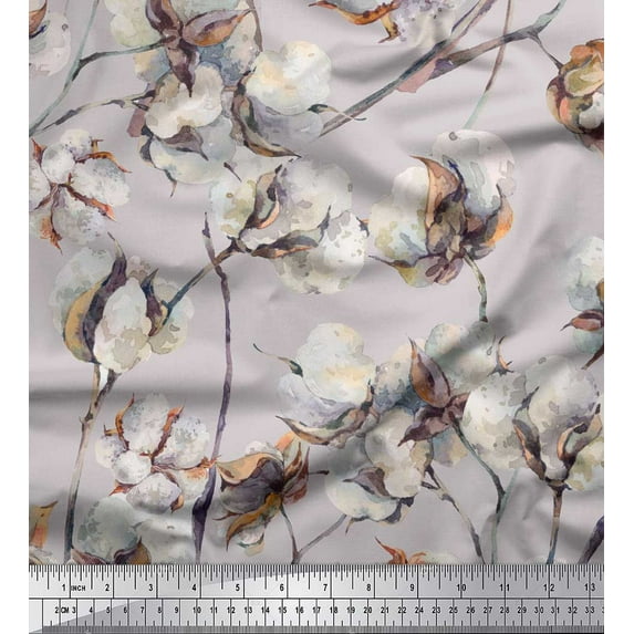 Soimoi Grey Cotton Duck Fabric Cotton Ball Floral Print Fabric by the Yard 56 Inch Wide