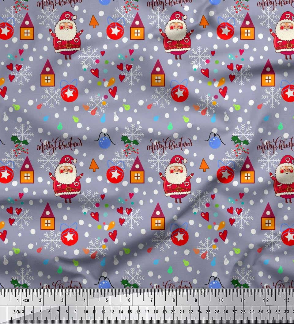 Soimoi Grey Cotton Duck Fabric Heart,Santa & Baubles Christmas Printed Craft Fabric by the Yard 56 Inch Wide