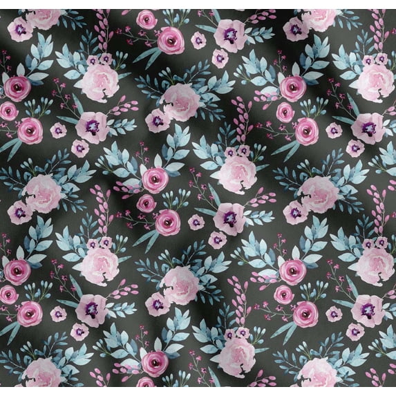 Soimoi Grey Cotton Poplin Fabric Anemone & Pink Flower Floral Fabric Prints By Yard 56 Inch Wide