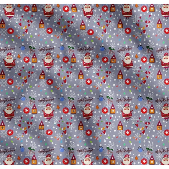 Soimoi Grey Cotton Poplin Fabric Heart,Santa & Baubles Christmas Print Fabric by the Yard 56 Inch Wide