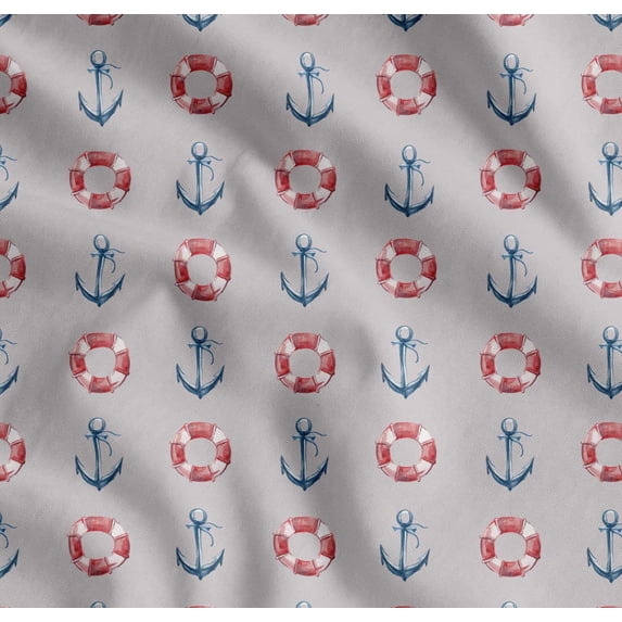 Soimoi Grey Cotton Poplin Fabric Life Ring & Anchor Hook Nautical Decor Fabric Printed Yard 56 Inch Wide