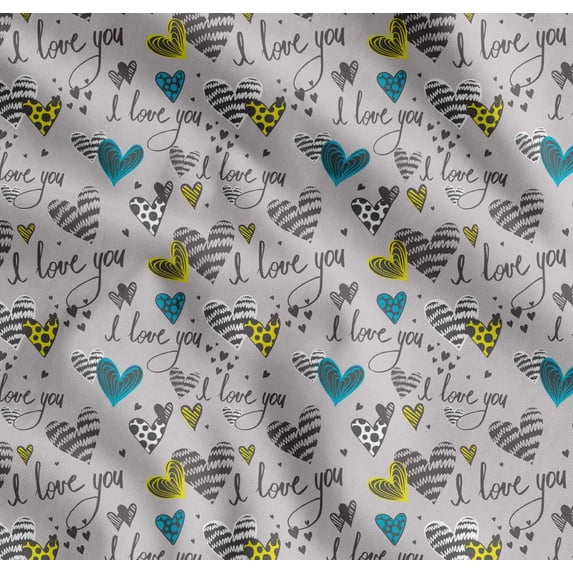 Soimoi Grey Cotton Voile Fabric Heart & I Love You Text Printed Fabric 1 Yard 56 Inch Wide