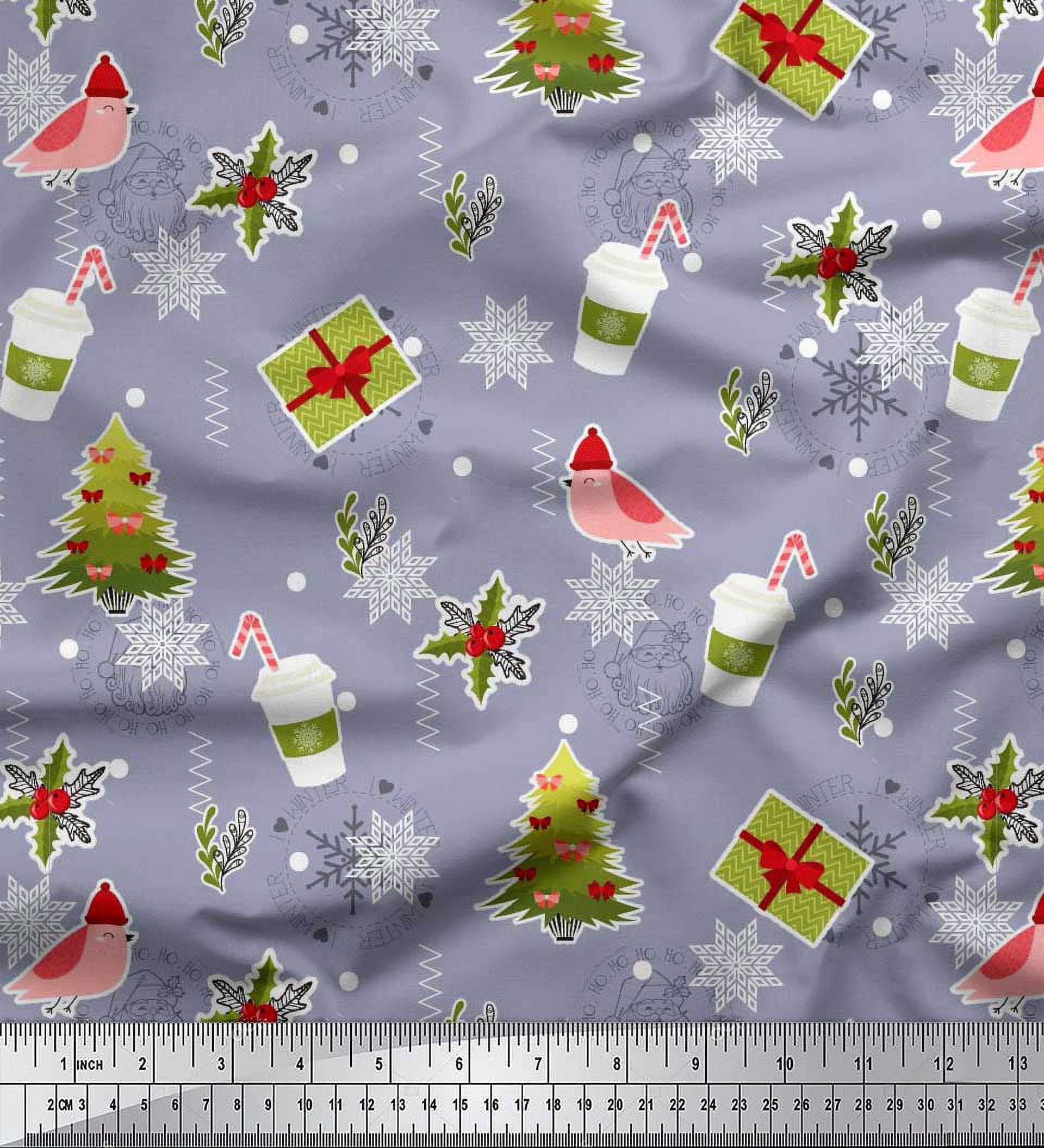 Soimoi Grey Moss Georgette Fabric Coffee Cup,Gift Box & Tree Christmas Print Sewing Fabric Yard 42 Inch Wide