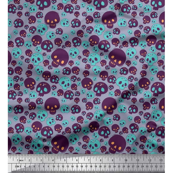Soimoi Grey Rayon Fabric Skull Halloween Print Fabric by the Yard 56 Inch Wide