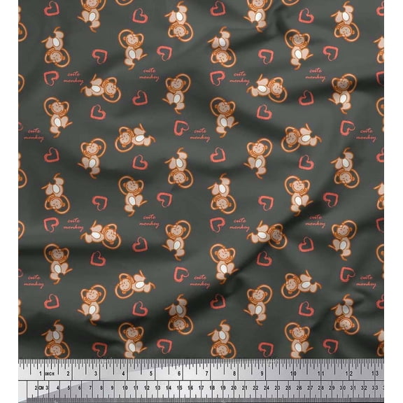 Soimoi Grey Silk Fabric Heart & Cute Monkey Kids Decor Fabric Printed Yard 42 Inch Wide