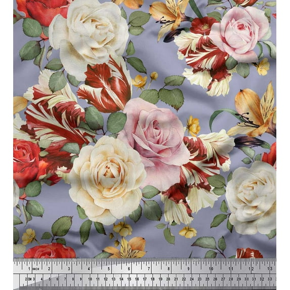 Soimoi Grey Silk Fabric Leaves & Rose Floral Print Fabric by the Yard 42 Inch Wide