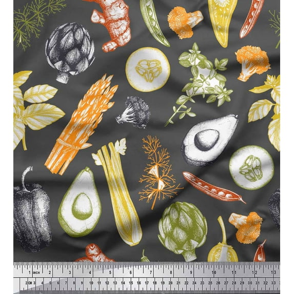 Soimoi Grey Silk Fabric Mixed Vegetable Print Sewing Fabric Yard 42 Inch Wide